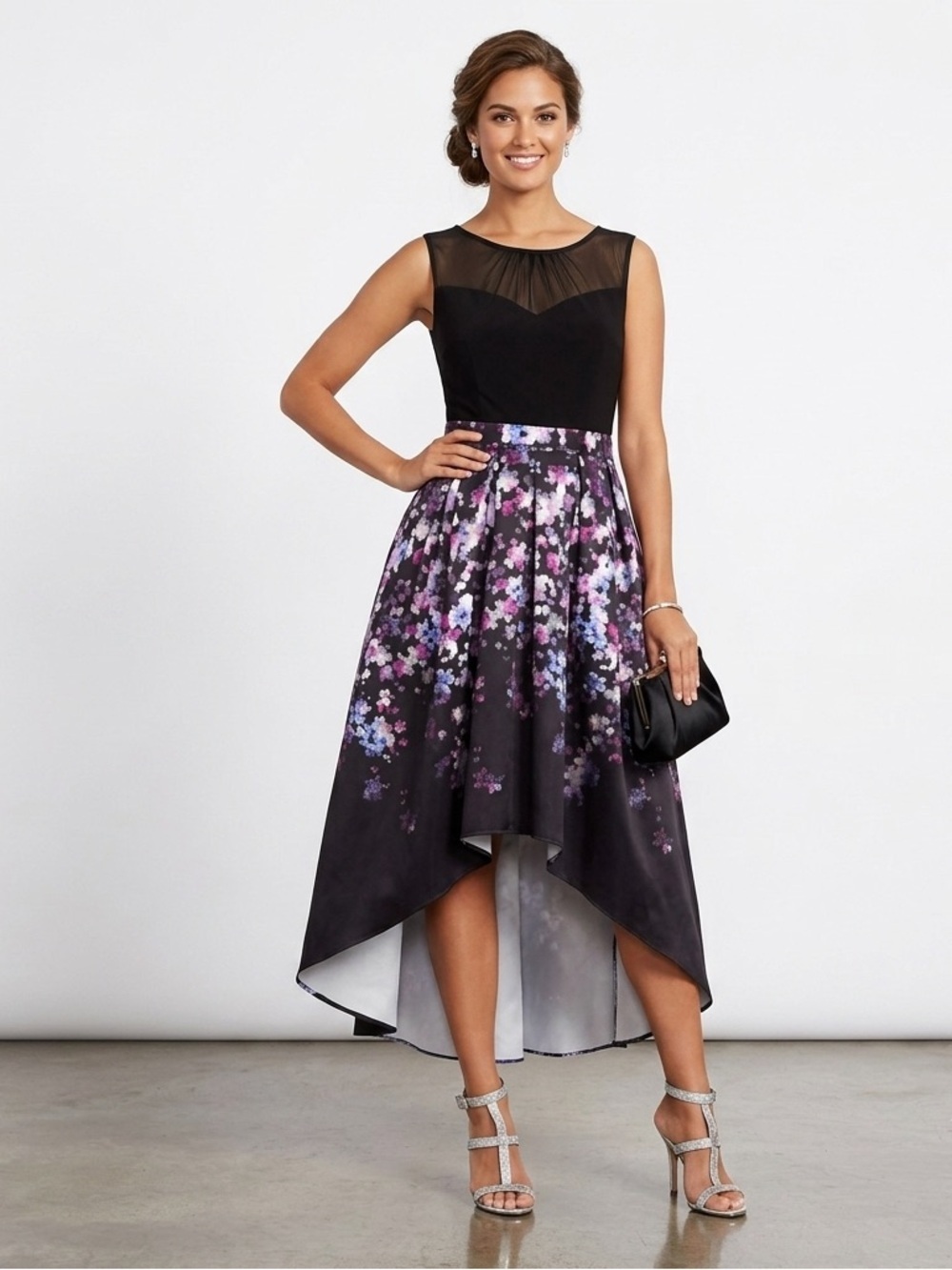 R & M Richards Floral-Print High-Low Dress Size 12 Pleated Sleeveless Black/Pink